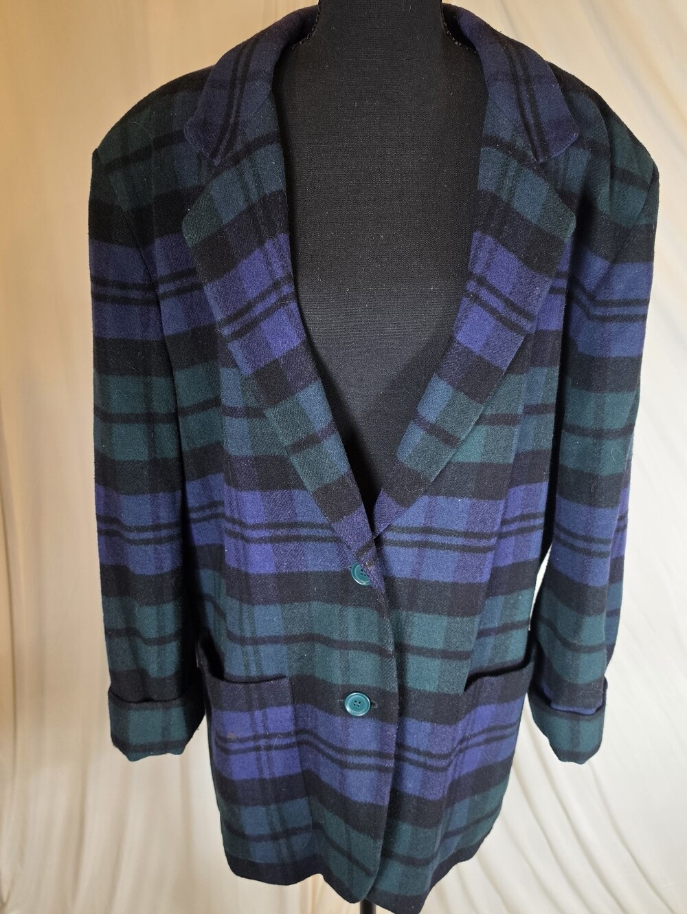 Vintage Chaus Plaid Wool Blazer Jacket Size 14 Blue Green Black Tartan 80s 90s